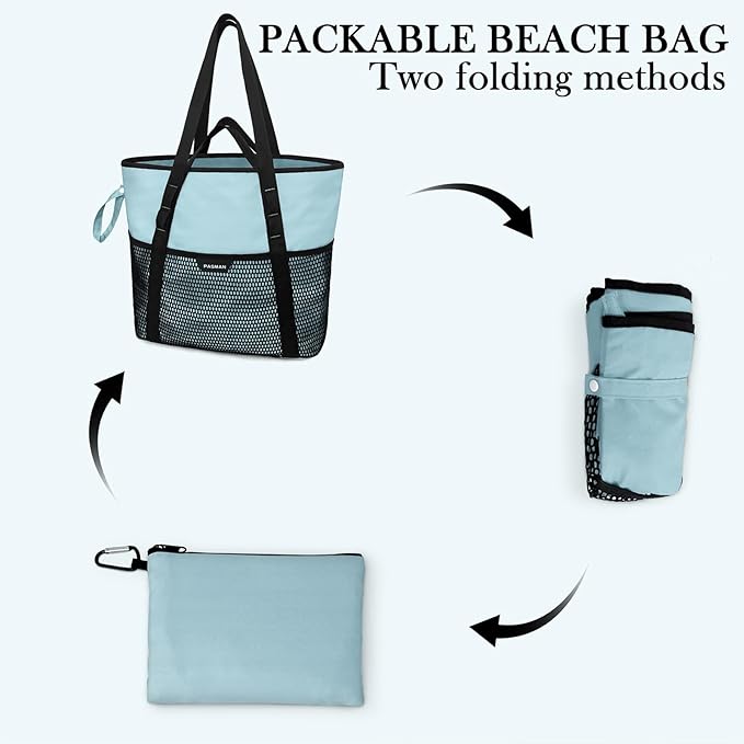Large Beach Bag with Zipper-8 Pockets Sandproof Beach Tote Bag for Women,Foldable Lightweight Family Swim Bag Vacation