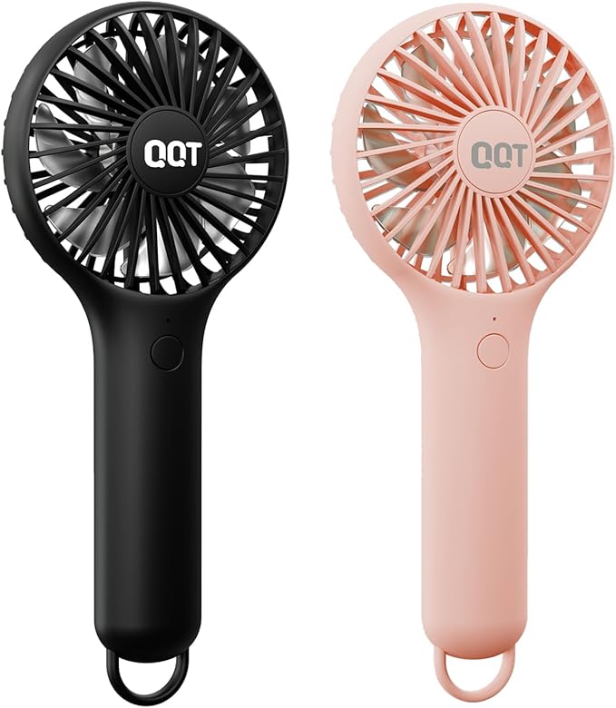 QQT Mini Handheld Fan, Small Personal Cooler with 3 Speeds, Portable Battery Operated, USB Rechargeable Makeup Eyelash Dryer, Strong Airflow for Travel, Office, Outdoor, Women, Men, and Kids(2 pack)