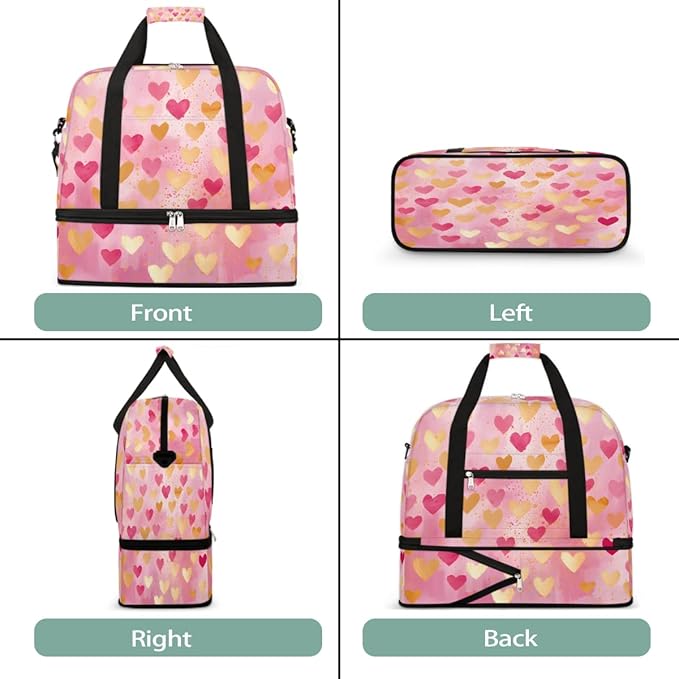Pink Gold Heart Large Weekender Bag with Shoe Compartment Travel Duffel Bags for Women Carry On Hospital Overnight Bag Foldable Personal Item Travel Bags Tote Gym Sports Airplanes