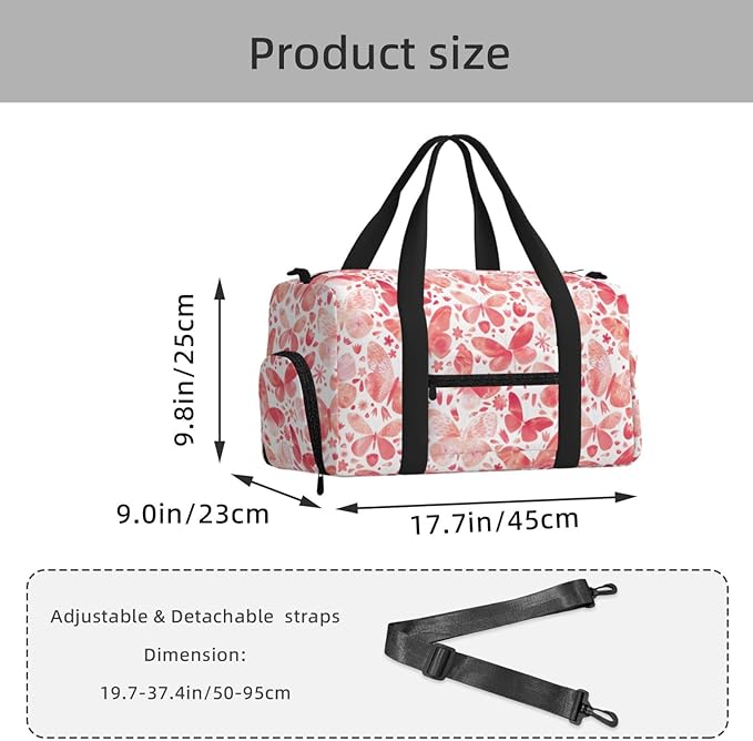 Butterflies Watercolor Coral Pink Women'S Gym Duffle Bag With Shoes Compartment, Ideal For Travel, Gym, Sports, Duffel, Weekender