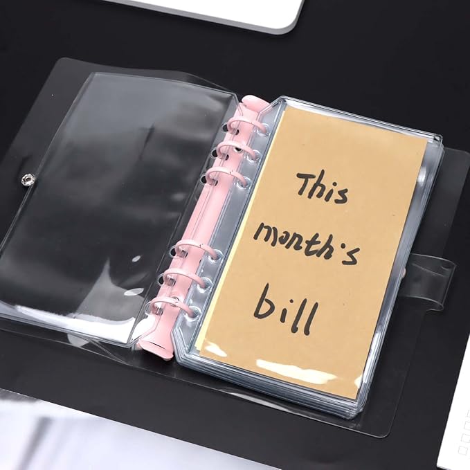 AxeWoodz 12pcs A6 Binder Pockets Clear PVC Double Side 2 Pockets Binder Pouches 6 Hole Zipperless Side Open Cash Envelopes for Bills Money Organizer