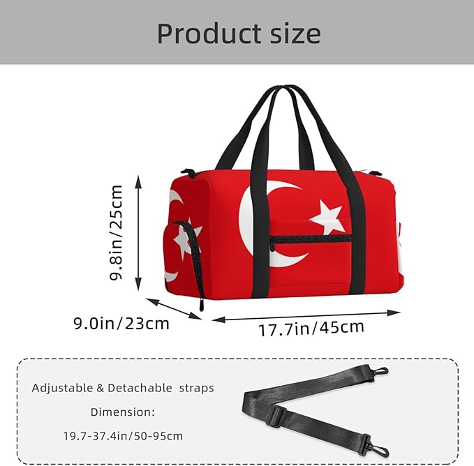 Flag of Turkey Print Gym Bag with Shoe Compartment for Women Men, 17.7in Sports Duffle Weekender Tote, Overnight Travel Duffel Bag Carry On