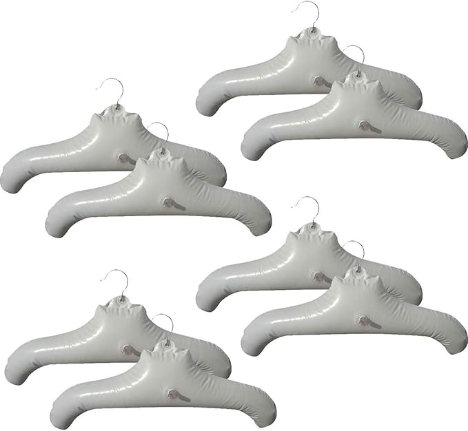 NewFerU Inflatable Hangers for Travel X 8 in White Round Shoulder for Hand Wash Laundry, Air Blow up Clothes Drying Hangars with Metal Hook, Compact, Space Saving, Foldable, Portable, Non Slip