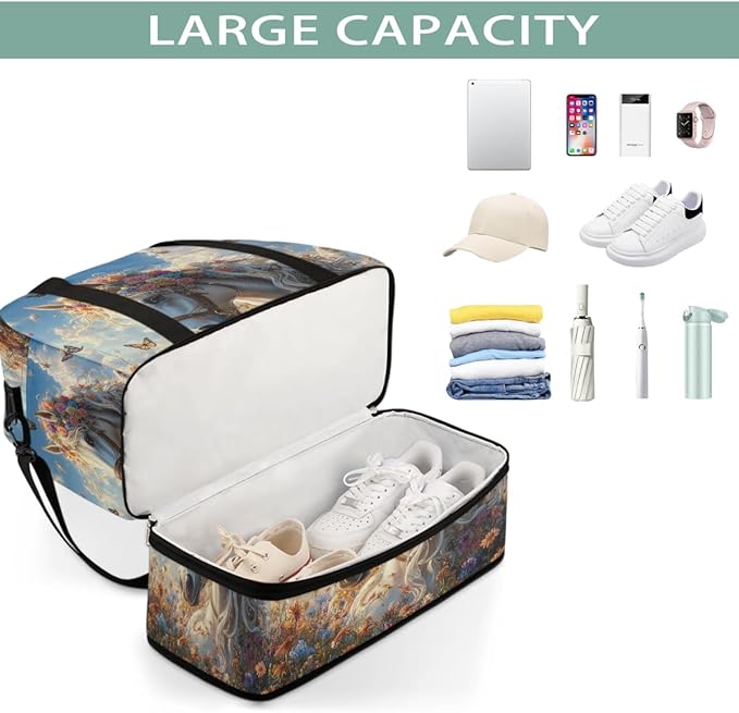 Foldable Travel Duffel Bag for Women - Carry on Personal Item Bag with Shoes Compartment, Weekender Overnight Duffle Bags Sport Tote Gym Luggage for Airplanes Traveling(Flower Horse)
