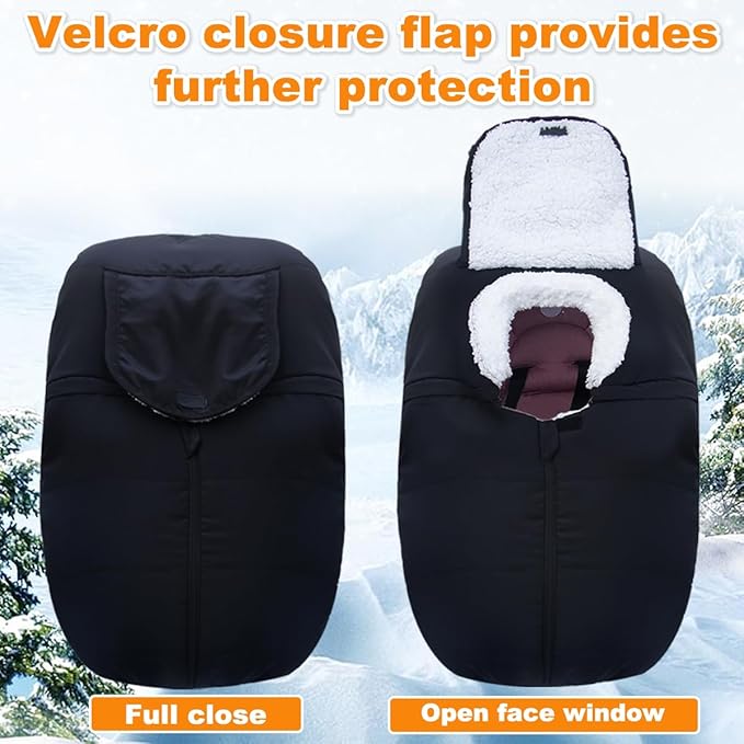 Winter Baby Car Seat Cover - Infant Carseat Bunting Bag Blanket Keep Baby Warm for Newborn Boys Girls- Cold Weather Insulated Windproof Carrier Canopy for Travel (Black)