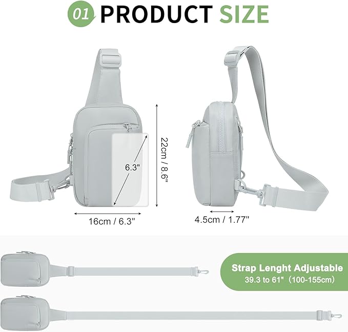 Mini Sling Bag for Men Women, Small Travel Fanny Packs Crossbody Anti Theft Reversible Nylon Chest Bag for Running Hiking (Light Grey)