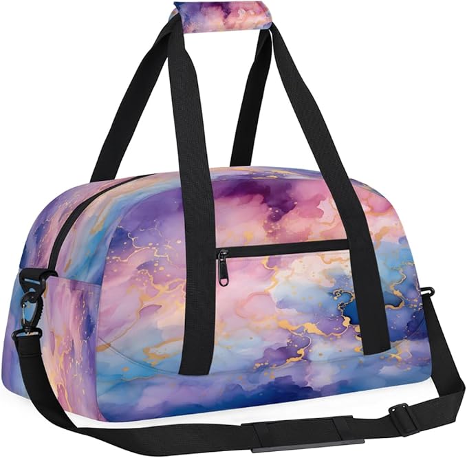 Duffle Bag for Women Men, Purple Blue Gold Marble Gym Bag for Travel Sports, Lightweight Waterproof Weekender Overnight Bags with Adjustable Strap