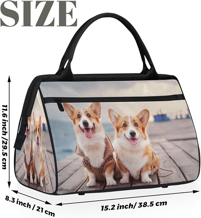 Gym Bag for Women Men, Two Cute Corgi Dogs Beach Pet Sports Duffel Bags, Waterproof Travel Weekender Overnight Carry On Tote Bags for Travel Sports