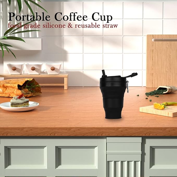 Collapsible Camping Cup with Straw Silicone Folding Coffee Cup Sport Bottle Portable Travel Outdoor Car 16oz 20oz (Black-600ml)