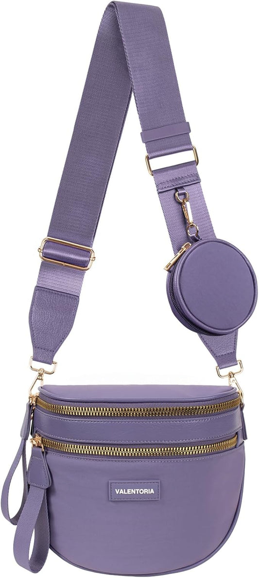 2 in 1 Nylon Crossbody Bags for Women Spacious Bum Bags for Women Crossbody Large Fanny Pack with Removable Wallets Purse Belt Pouch (Cloudy Purple)