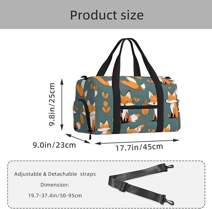 Yellow fox Print Gym Bag with Shoe Compartment for Women Men, 17.7in Sports Duffle Weekender Tote, Overnight Travel Duffel Bag Carry On