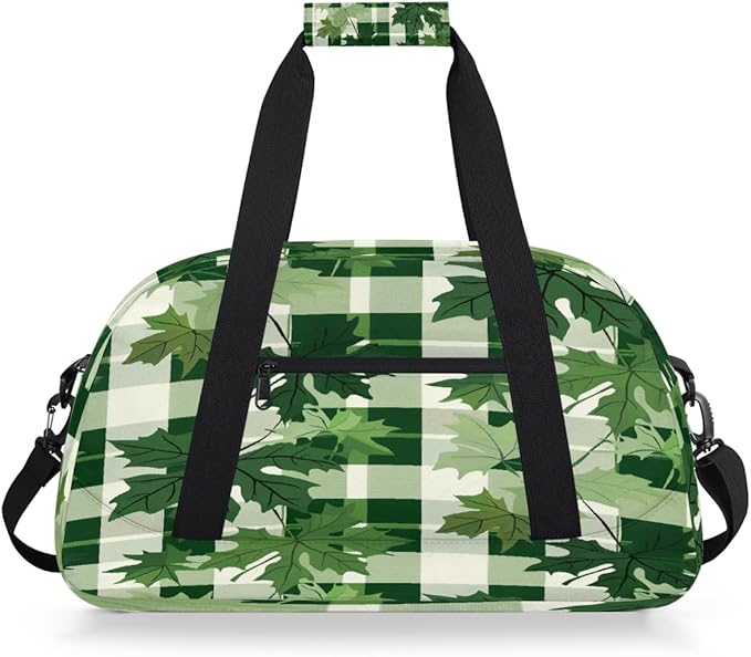 Sports Duffel Bags, Green Checkered Maple Leaves Water-Resistant Gym Duffle Bag for Men Women, Lightweight Weekender Overnight Bag for Fitness, Workout, Travel