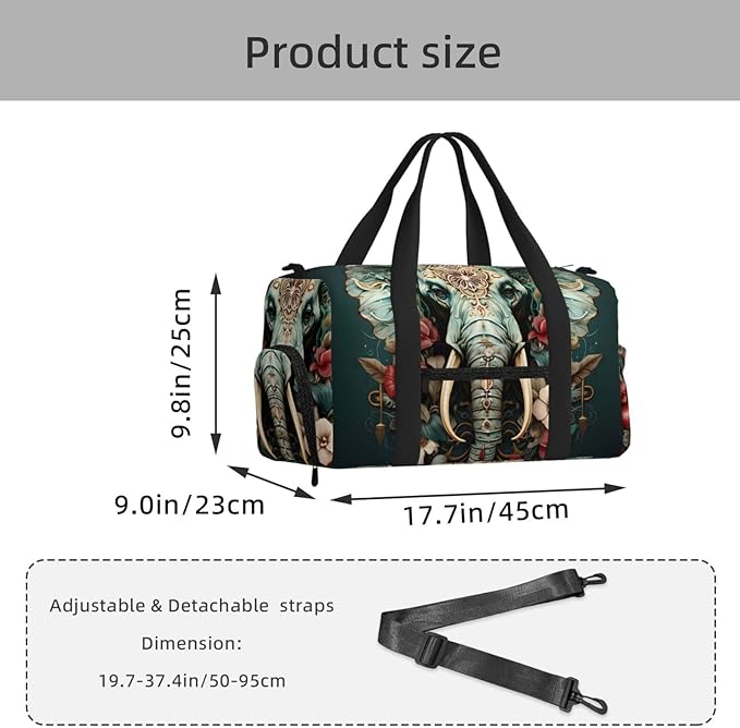 Sports Gym Bag Ethnic Elephant Floral Animal Travel Duffel Bag With Shoe Compartment Shoulder Strap, Lightweight Water-Resistant Weekend Overnight Totes For Women Men