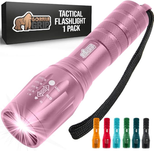 GORILLA GRIP Powerful LED 750 FT Water Resistant 5 Adjustable Mode Tactical Flashlight, High Lumens Ultra Bright Battery Life Zoom Flashlights, Small Camping Car Mini Flash Light Accessories, Pink