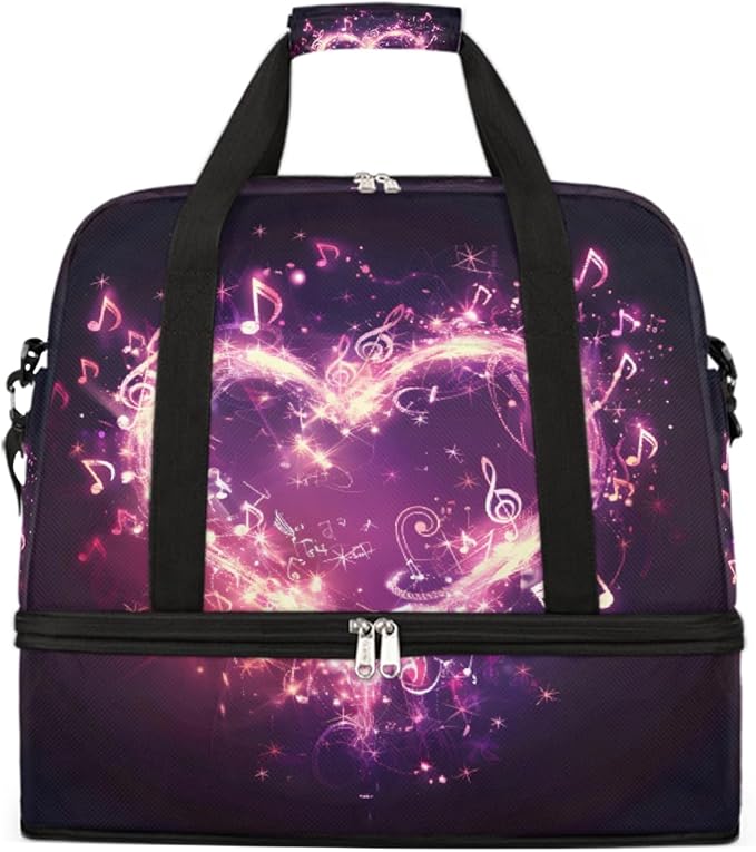 Pink Musical Note Heart Large Weekender Bag with Shoe Compartment Travel Duffel Bags for Women Carry On Hospital Overnight Bag Foldable Personal Item Travel Bags Tote Gym Sports Airplanes