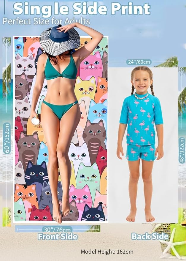 LIVILAN Large Kitten Cat Beach Towel, 30" X 60" Soft Microfiber, Absorbent, Quick Dry, Sand Free, Light, Multiuse for Bath, Pool, Swim, Cute Cat Gifts