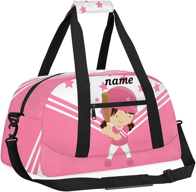 Custom Name Pink Baseball Girls Gym Travel Duffle Bag with Front Zipper Pocket Personalizedfor Sports Bag for Overnight, Weekender, Carry On,Workout & Dance, 18.9 * 8.7 * 10.6 in