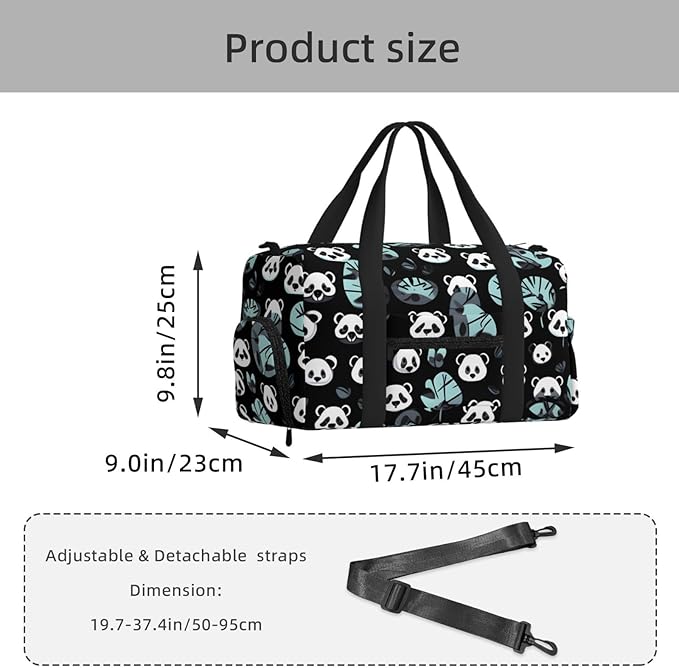 Black and white panda face Print Gym Bag with Shoe Compartment for Women Men, 17.7in Sports Duffle Weekender Tote, Overnight Travel Duffel Bag Carry On