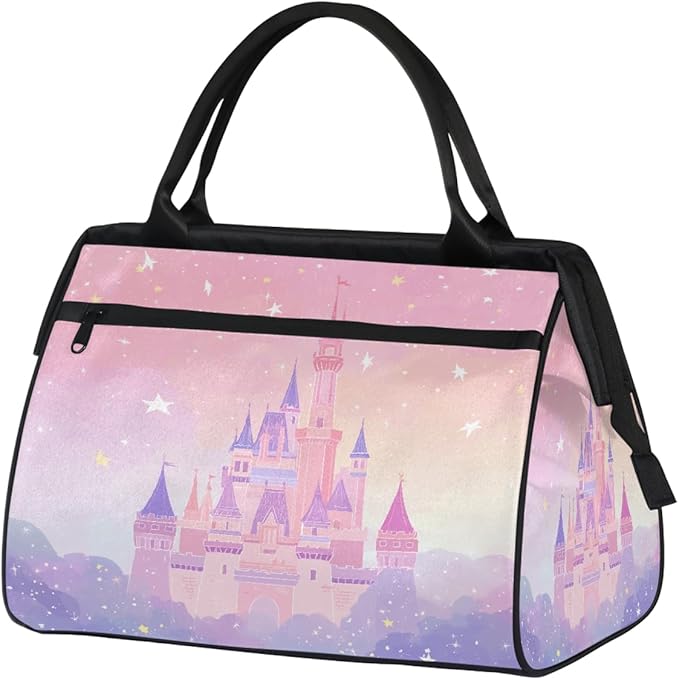 Cute Pink Purple Castle Travel Duffel Bag, Waterproof Sports Gym Duffle Bag, Large Capacity Weekender Carry On Overnight Bags for Women Men