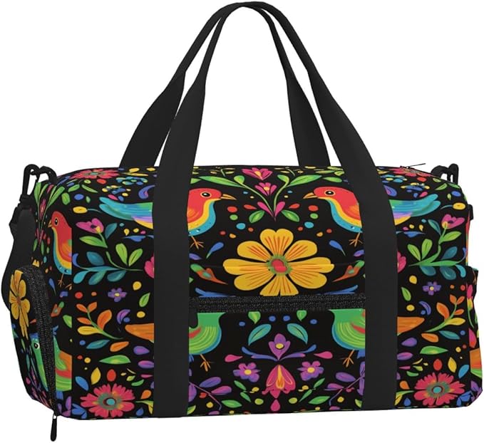 Sports Gym Bag Mexican Colorful Birds Flowers Travel Duffel Bag With Shoe Compartment Shoulder Strap, Lightweight Water-Resistant Weekend Overnight Totes For Women Men