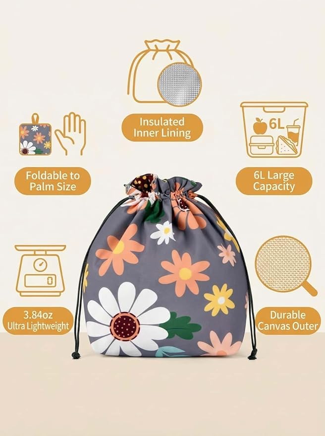 Reusable Small Lunch Bag,Drawstring Lunch Bag,Insulated Handbag Tote bag with Handle (Sunflower 2.0)