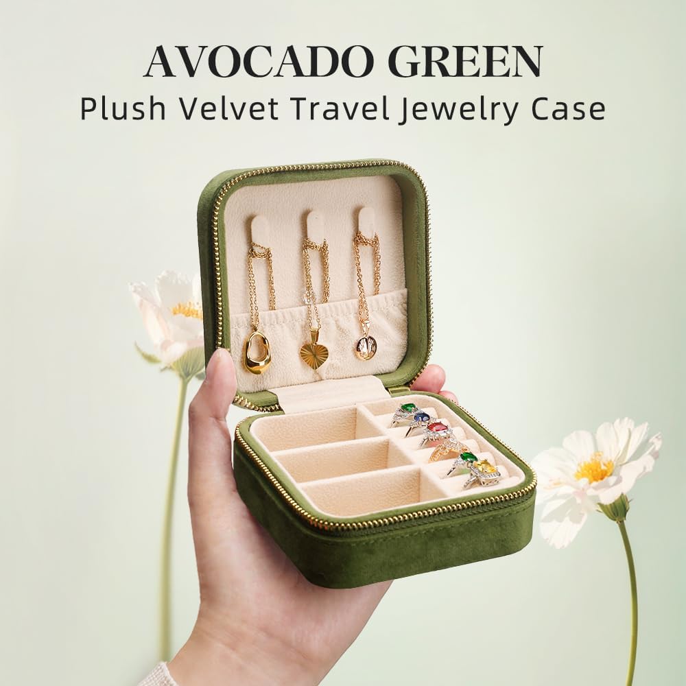 Travel Jewelry Case, Small Plush Velvet Jewelry Box for Women and Girls, Portable Jewelry holder organizer for Rings Earrings Necklaces Bracelets(Avocado Green)