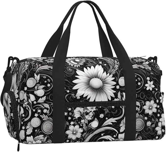 Black White Flower Sketch Sports Gym Bag For Men Women Travel Duffel Bag With Shoe Compartment Water Resistant Gym Bag Carry On Duffel Bag For Yoga Gym Sports Weekend Traveling
