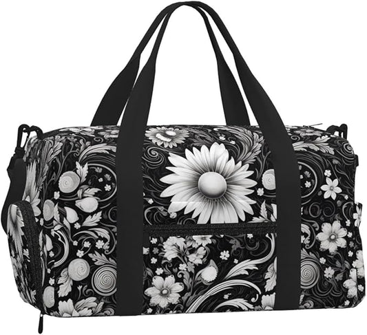 Black White Flower Sketch Sports Gym Bag For Men Women Travel Duffel Bag With Shoe Compartment Water Resistant Gym Bag Carry On Duffel Bag For Yoga Gym Sports Weekend Traveling