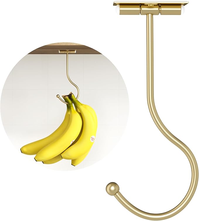 Gold Banana Hanger Hook Under Cabinet: Adhesive Banana Holder, Foldable with Magnets When Not in Use, Under Counter Banana Hook, Stainless, Hold 13 LB