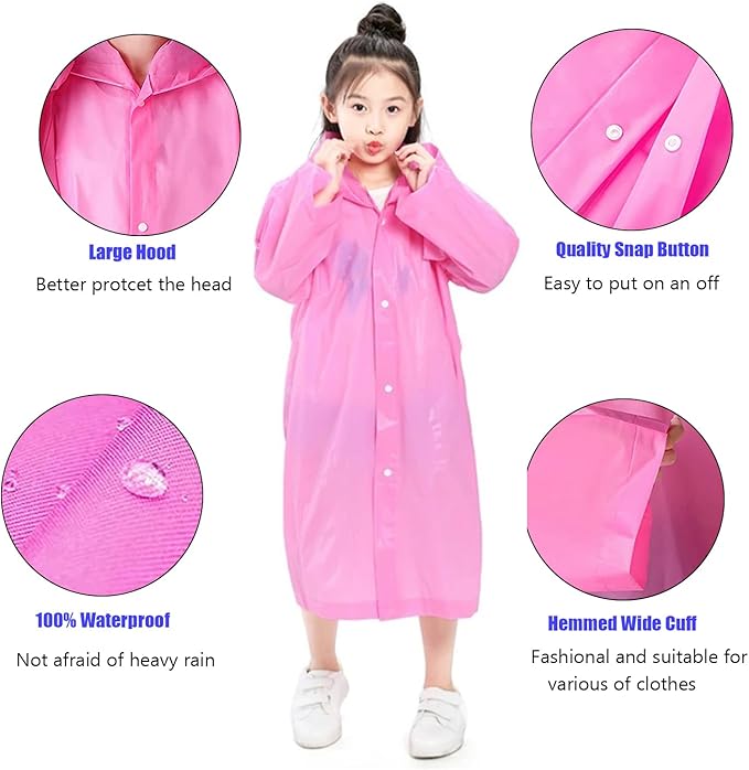 Rain Ponchos for Kids, 2 Pack Reusable Raincoats Jackets with Hoods and Sleeves Lightweight for Girls Boys