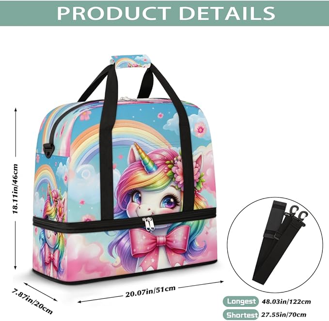 Rainbow Cute Animal Unicorn Large Weekender Bag with Shoe Compartment Travel Duffel Bags for Women Carry On Hospital Overnight Bag Foldable Personal Item Travel Bags Tote Gym Sports Airplanes