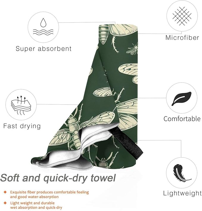 Hand Drawn Insects Sand Free Beach Towel – 31.5"X63" Quick Dry Microfiber Beach Towels for Travel, Swimming, Pool, and Camping, Absorbent and Compact Beach Essential for Women, and Men