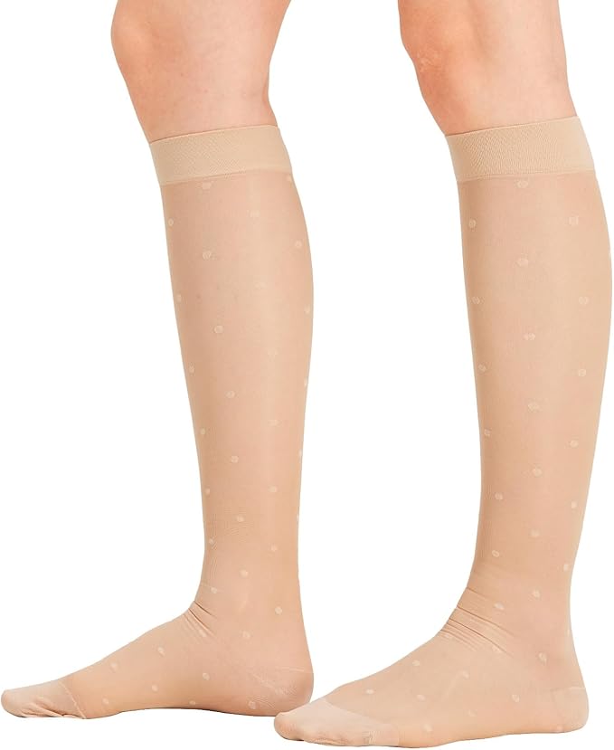 2 Pairs Sheer Compression Socks for Women - 15-20 mmHg Knee High Sheer Compression Stockings for Support Circulation Swelling Edema Work Office Travel, Dot, Medium