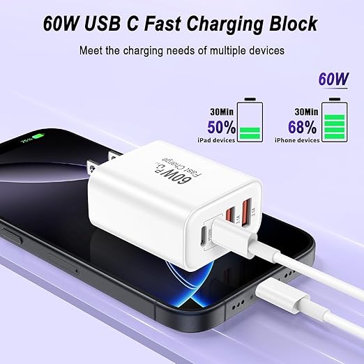 USB C Charger Block,60W 4-Port USB C Wall Charger iPhone Charger Fast Charging PD Power Adapter+QC Wall Plug Multiport Type C Brick Chargers for iPhone 17 16 15 14 13 12 11 Pro Max XS,Samsung