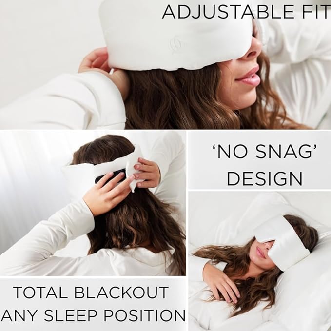 QUIET COVE Plush 3D Contoured Silk Sleep Mask - Total Blackout, 100% Silk 22 Momme, Foam Eye Cups Do Not Crush Eyelashes, Luxe Cloud Filling for Side Sleeping Comfort (Pearl White) Luxury Gift Box