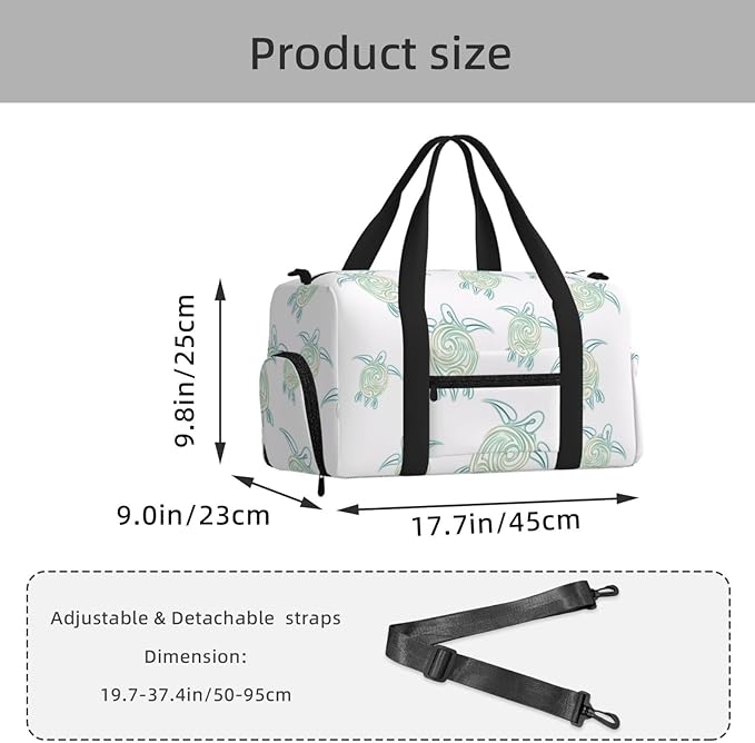 Sea Turtles Pattern White Green Nautical Women'S Gym Duffle Bag With Shoes Compartment, Ideal For Travel, Gym, Sports, Duffel, Weekender