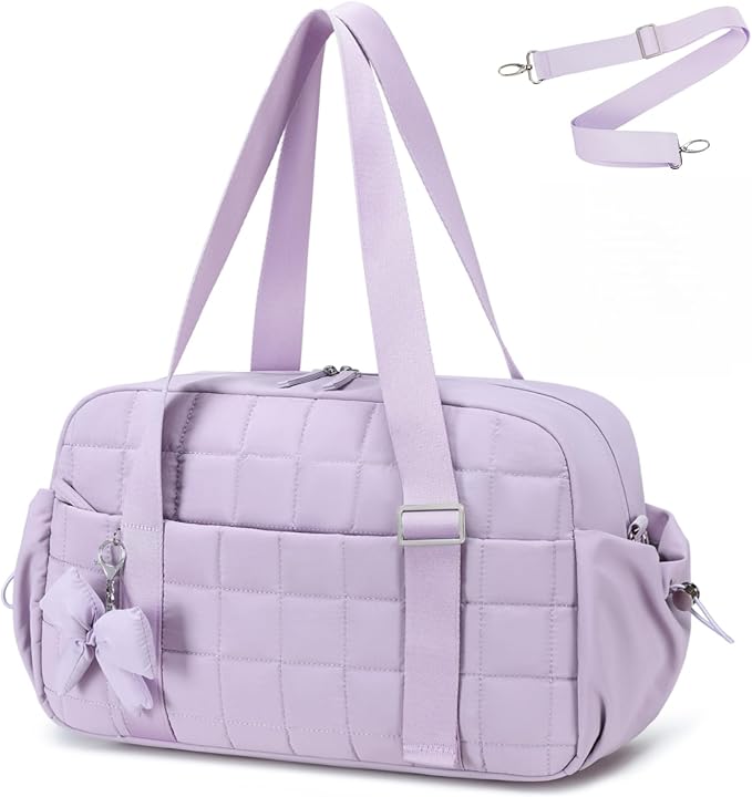 CAMTOP Mini Gym Bag for Women, Small Gym Tote Bag Puffy Quilted Sports Duffel Bag with Wet Compartment and Coin Purse Duffel Bags Dance Yoga Workout Bag for Gifts (Purple, Medium-16")