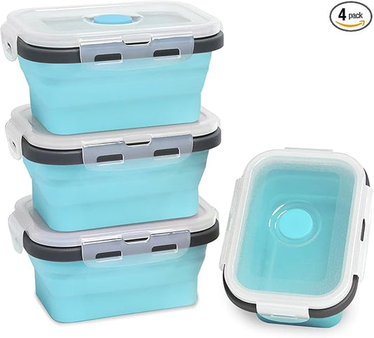 Collapsible Silicone Food Storage Container 4 Pack, Silicone Storage Containers for Snack, Fruit(Small, 12 Oz), Stackable, Space Saving, Portion Control(Blue)