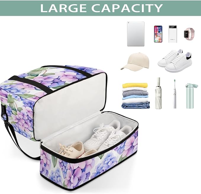 Purple Hydrangea Floral Flower Large Weekender Bag with Shoe Compartment Travel Duffel Bags for Women Carry On Hospital Overnight Bag Foldable Personal Item Travel Bags Tote Gym Sports Airplanes
