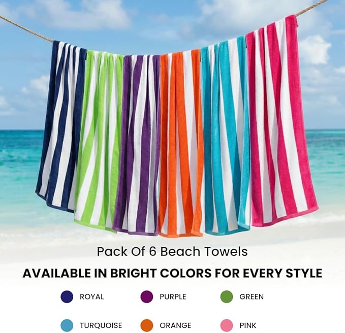 BolBom*S Beach Towels 6 Pack Large 30x60-100% Cotton Beach & Pool Towels Bulk Cabana Stripe - Quick Dry Bath Towel Set for Swim, Beach Essentials, Bathroom, Hot Tub, Yoga, Hôtel & Airbnb Guests