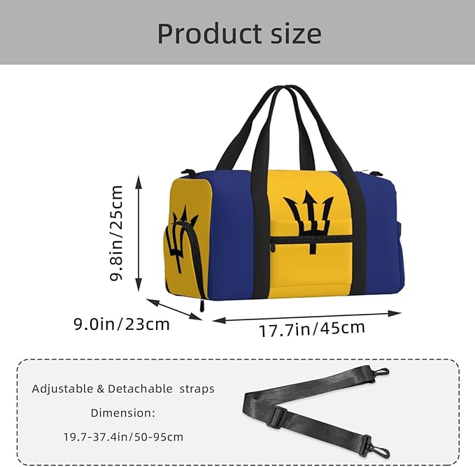 Flag of Barbados Print Gym Bag with Shoe Compartment for Women Men, 17.7in Sports Duffle Weekender Tote, Overnight Travel Duffel Bag Carry On