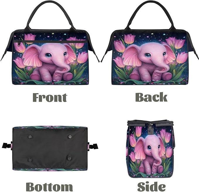 Gym Bag for Women Men, Starry Pink Elephant Tulips Sports Duffel Bags, Waterproof Travel Weekender Overnight Carry On Tote Bags for Travel Sports
