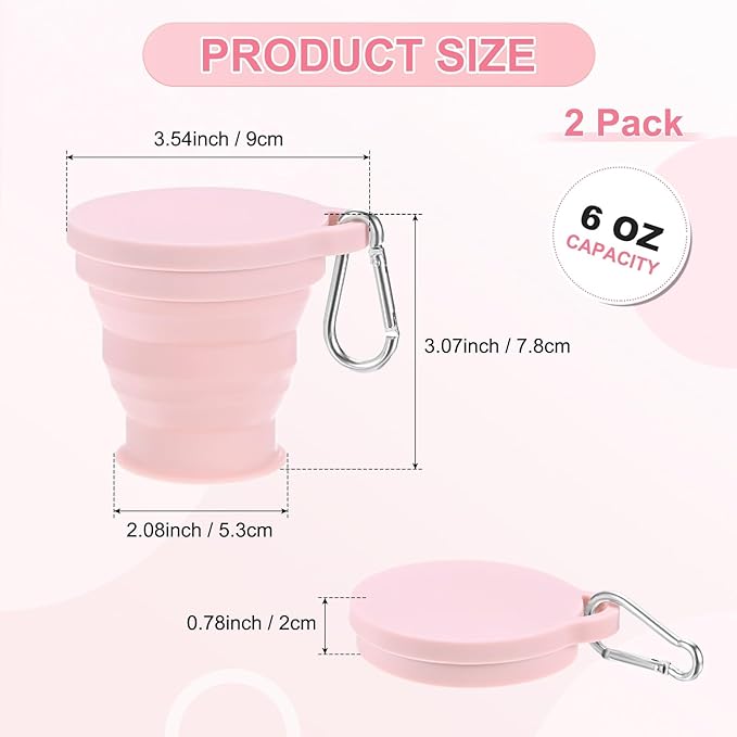 2 Pack Collapsible Travel Cup, 6oz(180ml) Silicone Portable Foldable Water Cup Bottle with Spring Buckle for Travel/Camping/Hiking, Reusable [Pink]