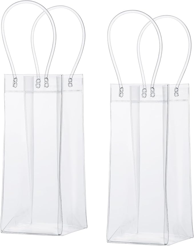 2 PCS Wine Cooler Bag, Clear Pvc Ice Wine Bag with Handle, Portable Foldable Wine Cooler Sleeve Bottle Bags for Party, Outdoor, Champagne, Cold Beer, White Wine Beverage