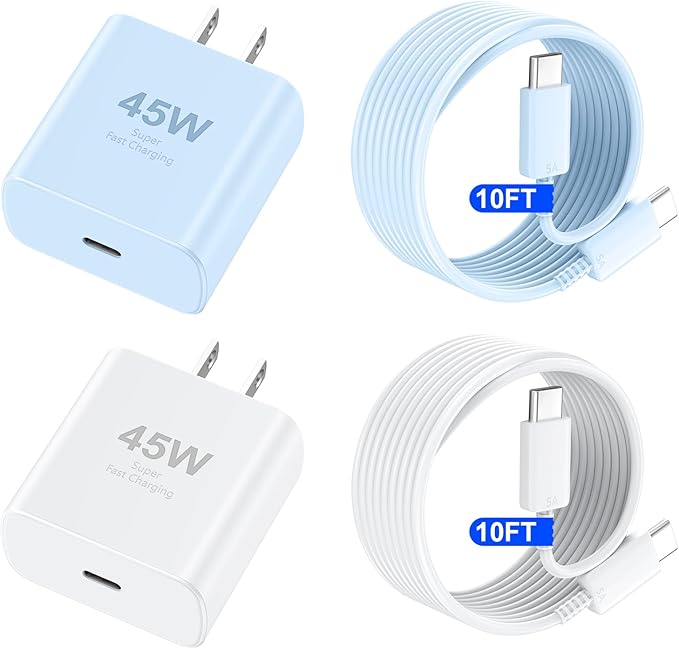 Phone 17 16 Pro Max Charger Fast Charging, 45W USB C Phone 17 16 Super Fast Charger Block with 10ft Long Type C Charging Cable Cord for i.Phone 17 Pro Max/17 Pro/17 Air/17/16/16Pro/ProMax-White+Blue