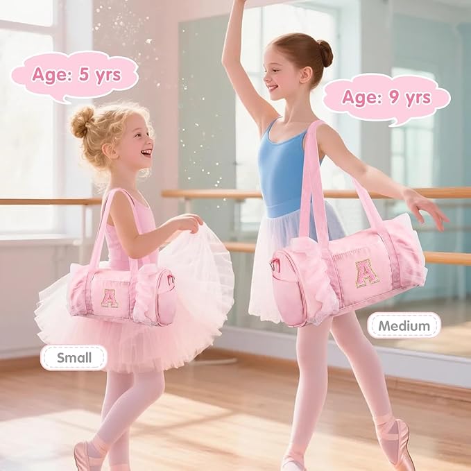 Personalized Initial Dance Bag for Girls 4-6, Small Lace Gym Sport Yoga Cheer Dance Bags Gift for Teen Girls, Cute Letter Kids Ballet Bag Toddler Travel Duffel Tote with Adjustable Straps(Pink-A)