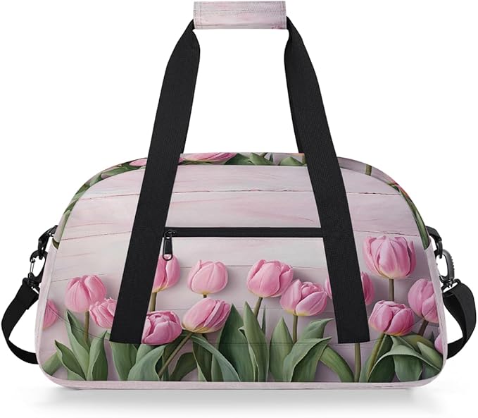 Pink Tulip Wooden Sports Duffel Bags, Water-Resistant Gym Duffle Bag for Men Women, Lightweight Weekender Overnight Bag for Fitness, Workout, Travel