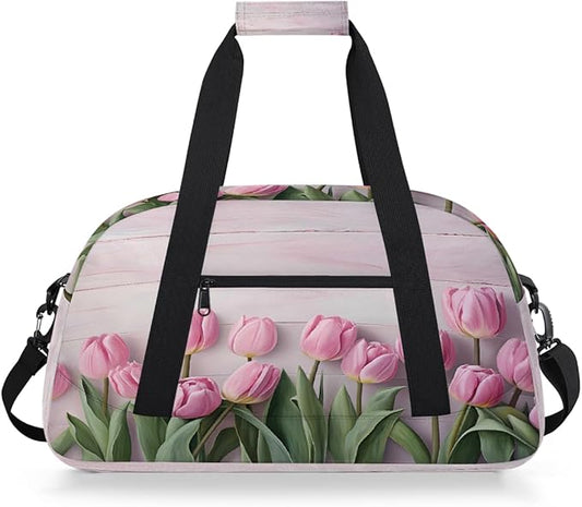Pink Tulip Wooden Sports Duffel Bags, Water-Resistant Gym Duffle Bag for Men Women, Lightweight Weekender Overnight Bag for Fitness, Workout, Travel
