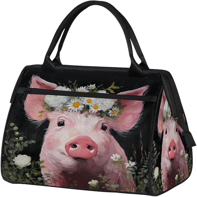 Overnight Weekender Bags for Women Men, Cute Pink Pig With White Flowers Waterproof Travel Carry On Duffel Bag, Lightweight Sports Gym Bag for Fitness, Workout, Travel