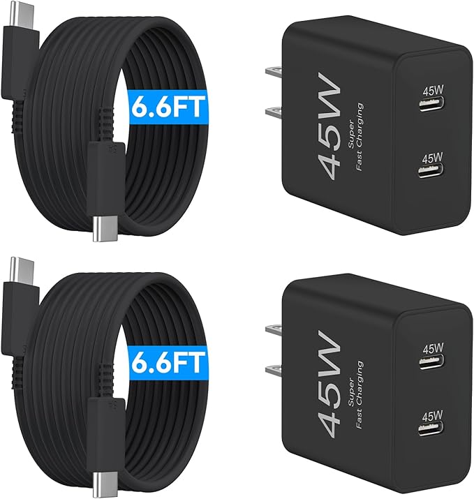 45W Super Fast USB C Phone Charger for Samsung,2Pack Dual Port Type C Fast Charger Block with Extra Long 6.6 FT USB C Fast Charging Cable Cord for Samsung Galaxy S26/S26+/S25/S25 Ultra/S24/S23/S22